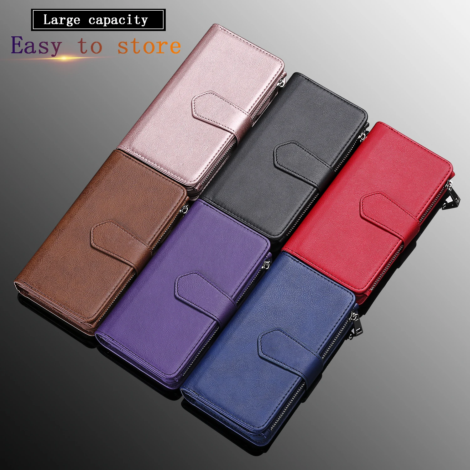 Zipper Leather Wallet with Magnetic Detachable Case and Card Slot Cover
