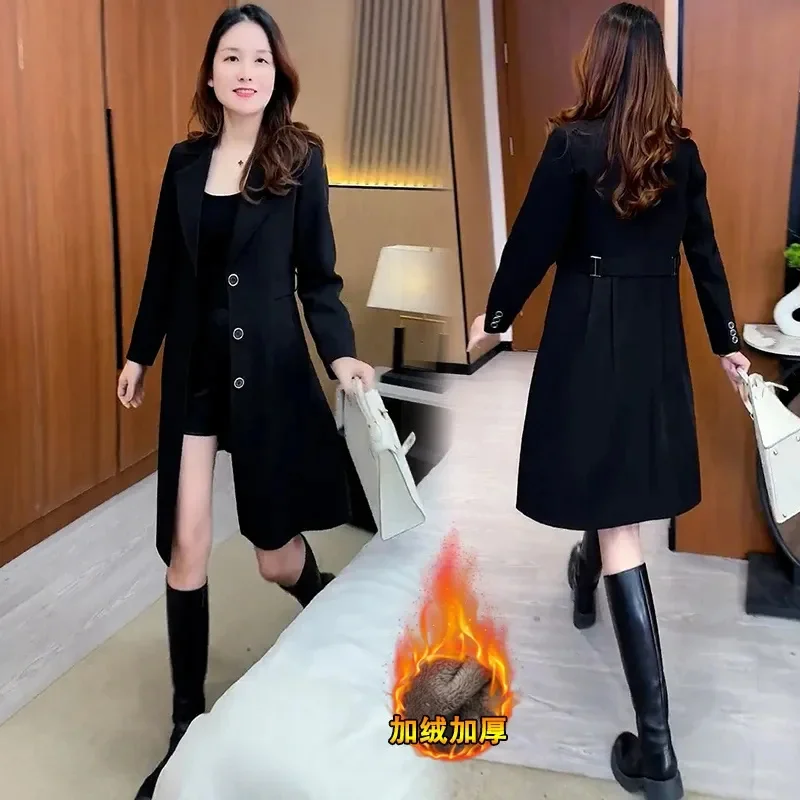 Windbreaker Jacket For Women In Autumn And Winter New With Added Velvet and Thick Thickness Long Over the Knee Suit Collar Coat