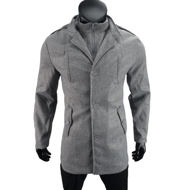 New Woolen Mens Coat Medium and Long Zipper Jacket Large Size Fake Two-piece Set Cardigan for Men 5