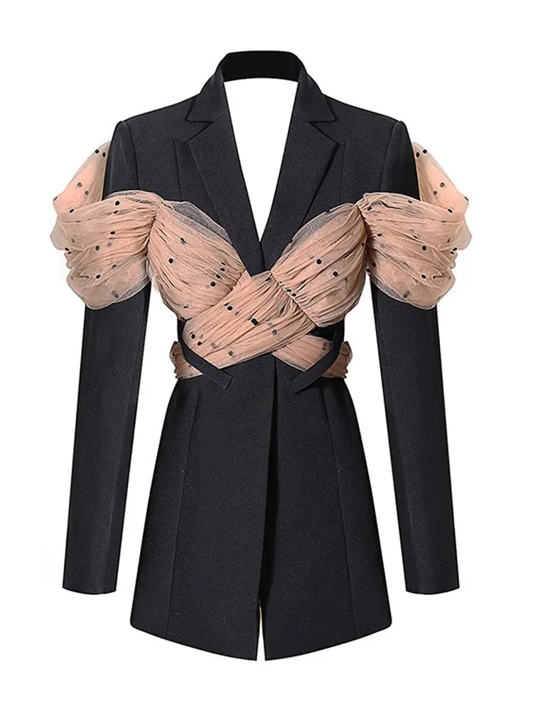 TWOTWINSTYLE Colorblock Elegant Blazers For Women Notched Collar Long Sleeve Patchwork Bowknot Casual Blazer Female Fashion New