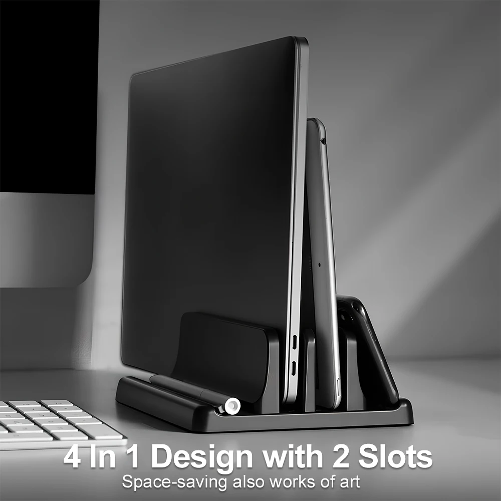 Supporto per laptop verticale in ABS per ufficio, salva spazio sul desktop, facile da posizionare, accessori per computer, larghezza regolabile, organizer da scrivania. - immagine 5