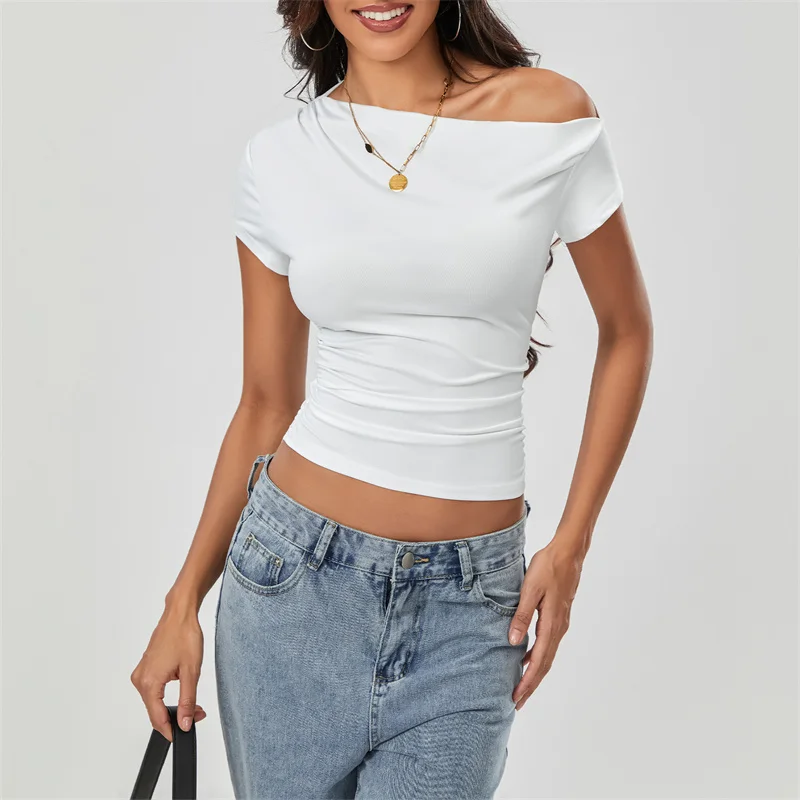 Top corto Y2K para mujer, ropa grunge de verano, camiseta fruncida sin mangas con hombros oblicuos, chaleco, ropa de calle de los años 2000