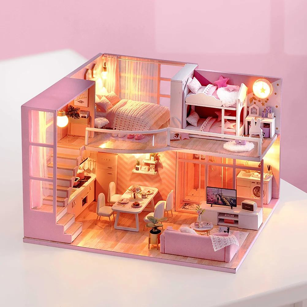 Wooden Dolls House Furniture Manual Assemble Toy Miniature DIY Apartment Cabin Model Dollhouse