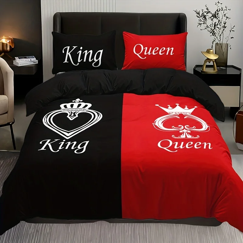 

Комплект постельного белья с пододеяльником и узором в виде короны черного и красного цвета, мягкий пододеяльник для спальни, гостевой комнаты, 1 пододеяльник и 2 наволочки