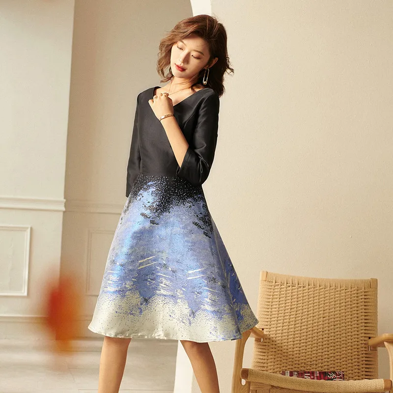 

Spring Summer Jacquard Dress Vintage Three Quarter Floral Dress Office Lady Dress Women Party Evening Dress Photograph Clothing