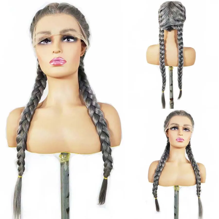 

Synthetic Hair Grey Color 13x3 Lace Front Wig with PrePlucked Hairline 24 inch Synthetic Hair Lace Wig with braid Glueless Wig