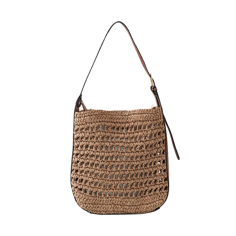 Hollow Design Woven Women's Beach Bucket Bag Shoulder Purse Handwoven Summer Large Capacity Underarm Handbag