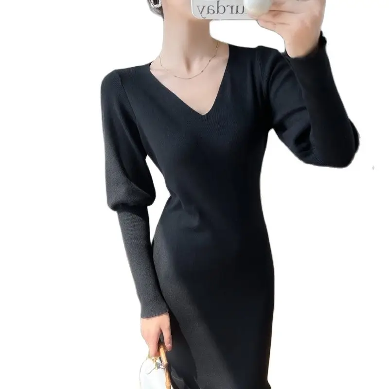 

Wisher&Tong Autumn Women Knit Dress V-neck Long Sleeve Black Mermaid Dress Korean Style Elegant Sweater Dresses Ladies 2022