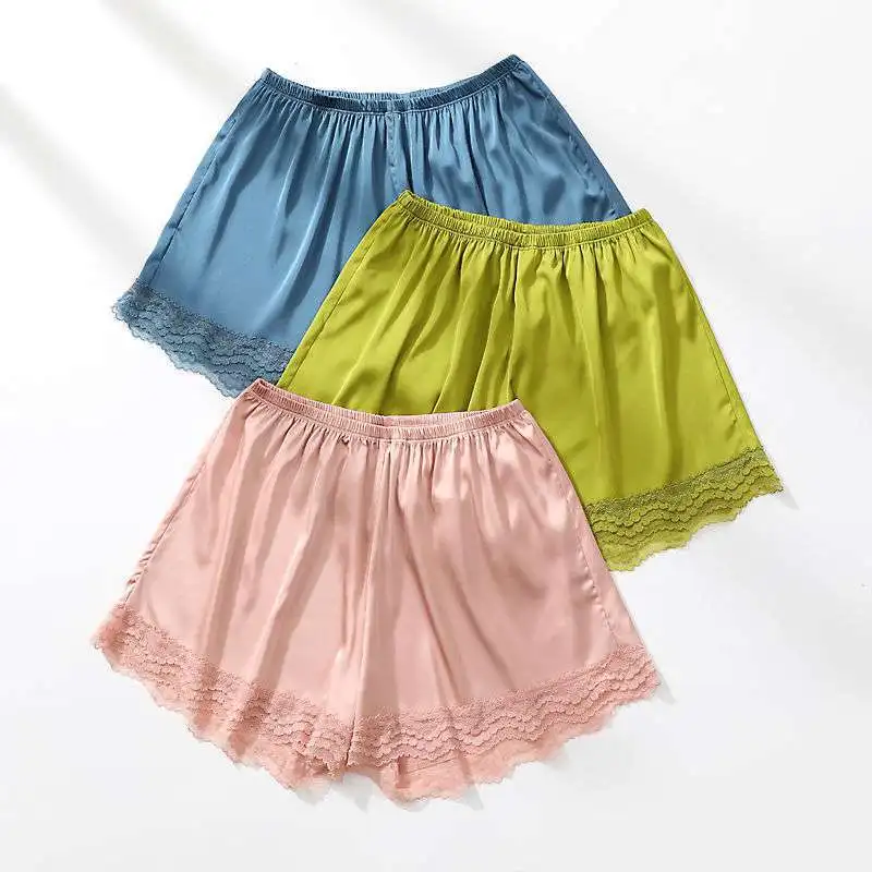 Summer Women Satin Silk Safety Short Pants Lace Patchwork Female Shorts Boxer Soft Cool Pajamas Sleep Bottoms Underskirt Girls