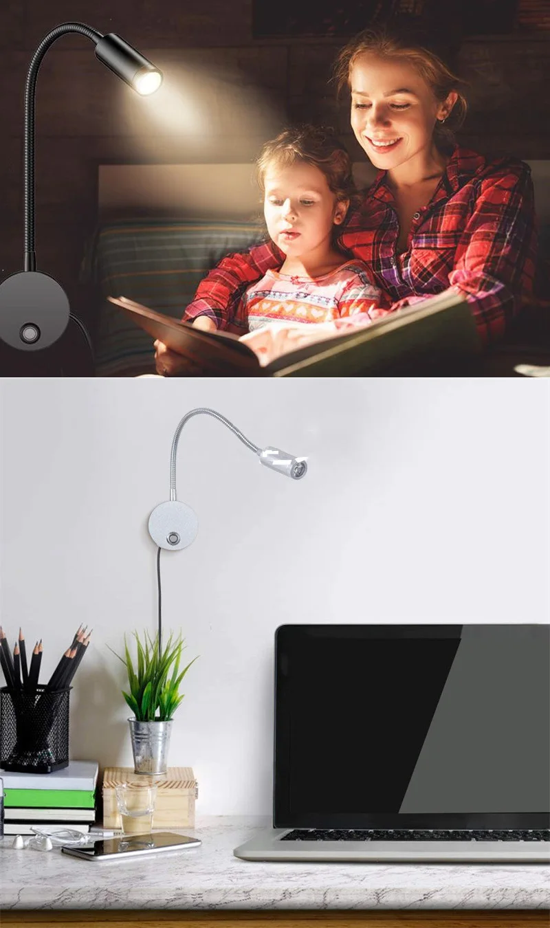 조광 가능한 3CCT 5V USB 호텔 침대 옆 독서 벽 램프 스콘스, 작업 연구 LED 책 야간 조명 기구, 구스넥 조절 가능, 3W