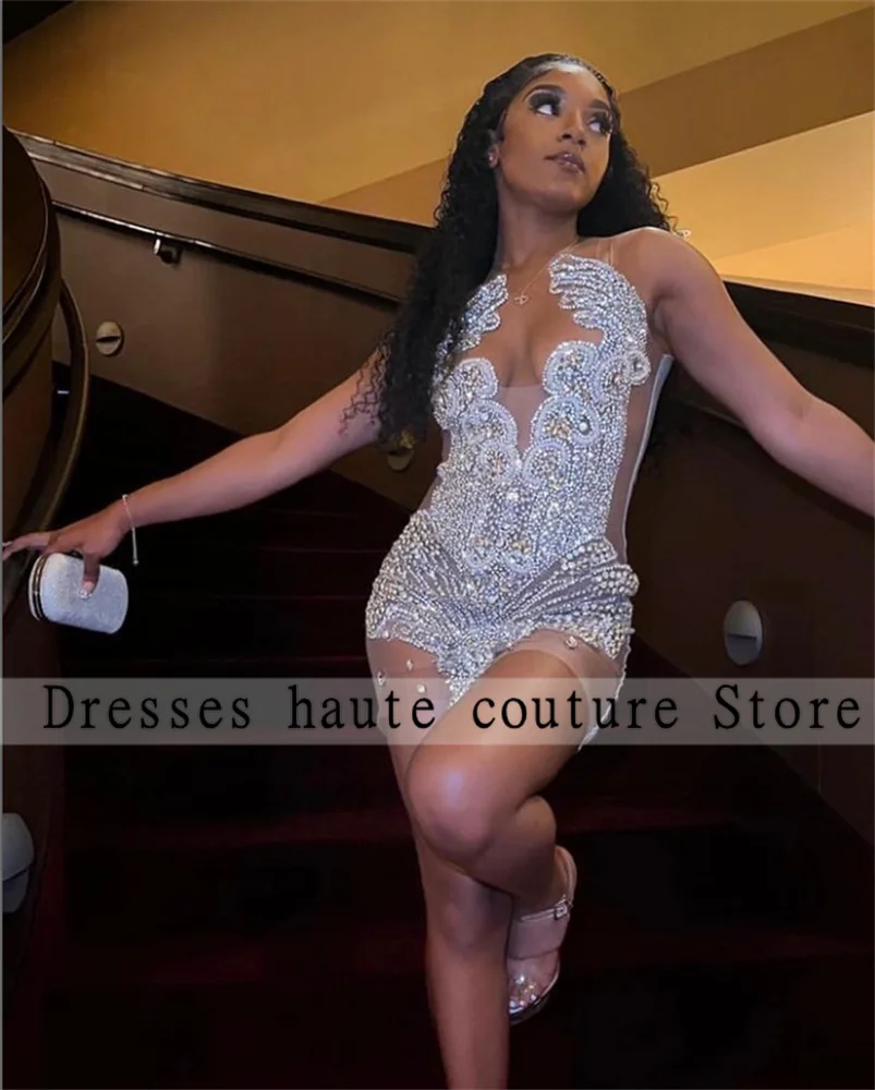 

Silver Crystal Beads Short Prom Dresses 2024 Black Girls Birthday Party Mini Cocktail Dress Mermaid Robe De Bal Custom