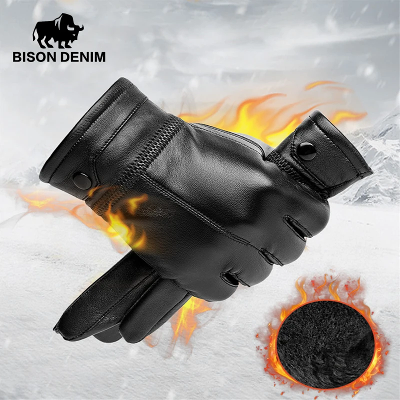 

2023 Men's Sheepskin Leather Gloves Winter Warm Cashmere Lined Touch Screen Full Finger Mittens Riding Driving Gloves For Men