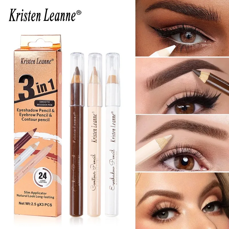 Eye Makeup Set 3pcs Eyeshadow Eyebrow Contour Concealer Wooden Pencil Waterproof Matte Nude Brown Eyeliner