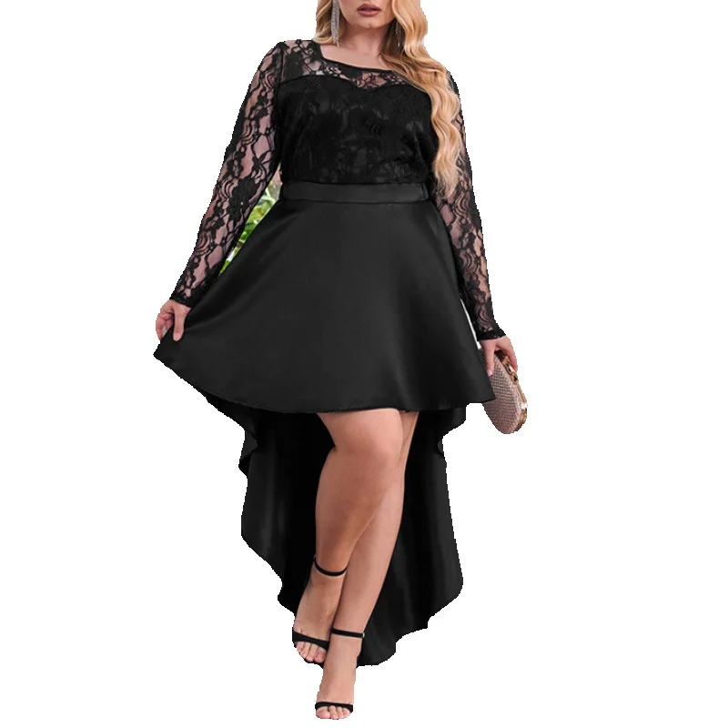 

Summer New Large Solid Lace Splice Dress For Women Thin Sexy And Slim Satin