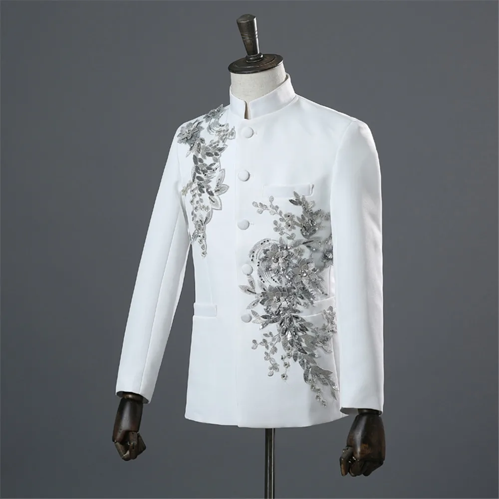 Chinese Tunic Men Mandarin Collar White Black Appliqued Blazer for Wedding Banquet Ceremony 2