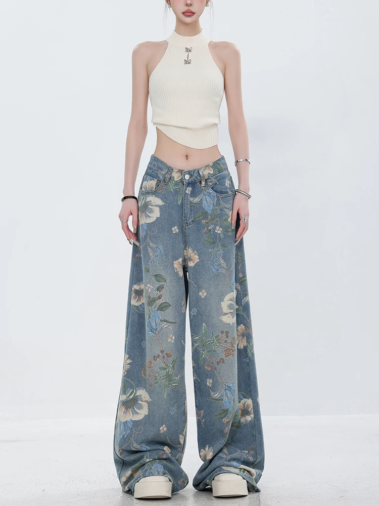 Fashion Printed Jeans 2024 Retro Floral Denim Mopping Trousers Korean Style High Street Loose Hip Hop Wide-leg Jean Pants - Image 2