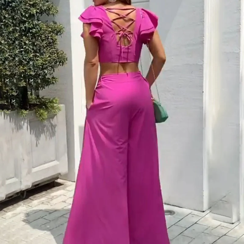 Ellafads Women's Two Piece Set Butterfly Sleeve Solid Color Two-Piece Set Sexy V-Neck Top Wide Leg Pant
