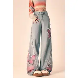 American Vintage Spring New Butterfly Embroidery Design Plush Edge Jeans Women's Button Zipper Pockets Wide Leg Straight Pants