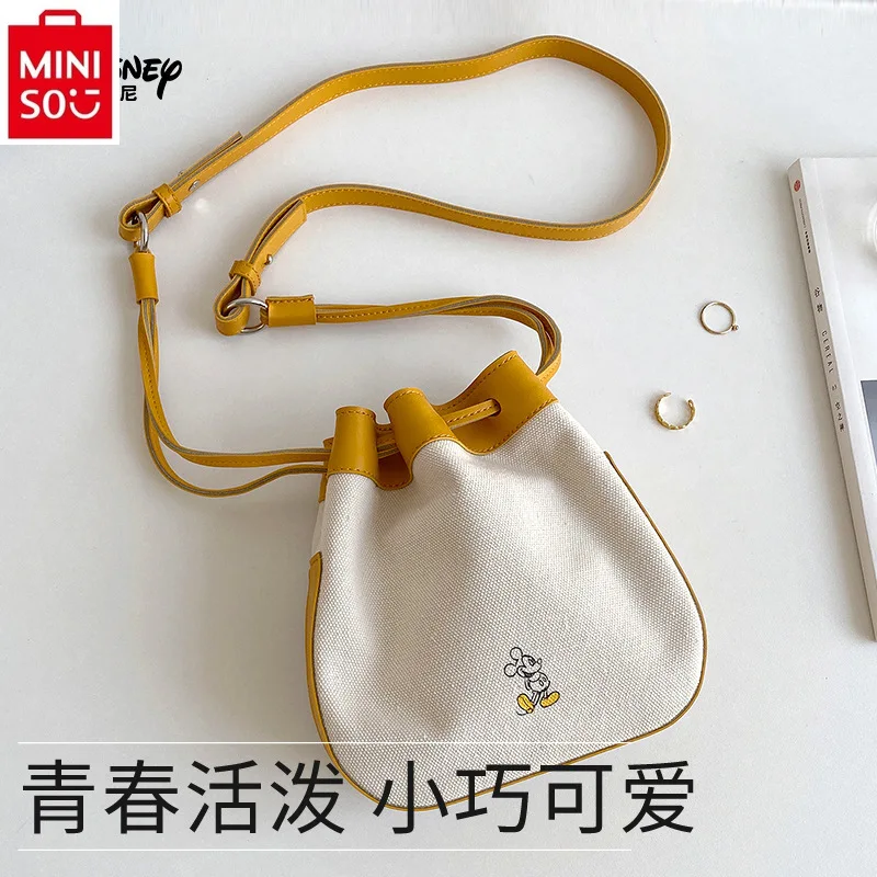 MINISO Disney Fashion High Quality Canvas Drawstring Phone Bag for Women's Casual Large Capacity Storage Crossbody Bag