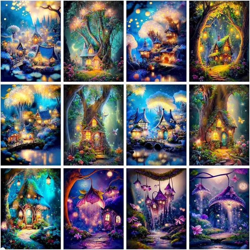 

CHENISTORY Picture By Number Forest Magic House Scenery DIY Frame Painting By Numbers On Canvas For Adults Home Decoration Gift
