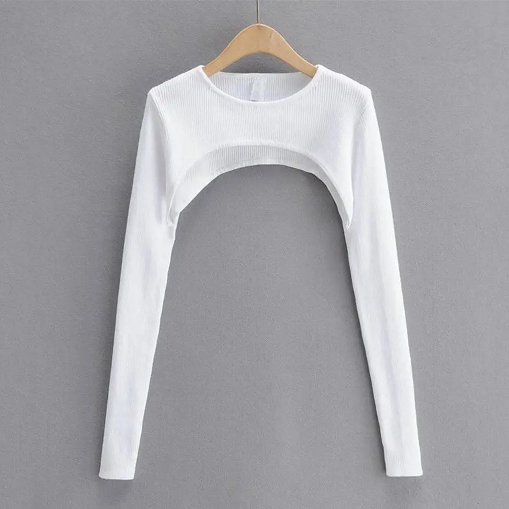 

Women Crop Top Waist-exposed Short Round Neck Pullover Long Sleeve Soft Elastic Knitted T-shirt Matching Cover-up Top