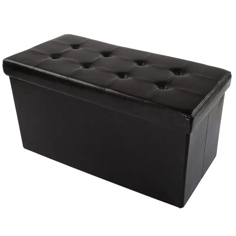 

Leather Folding Storage Ottoman with Padded Lid (Black)