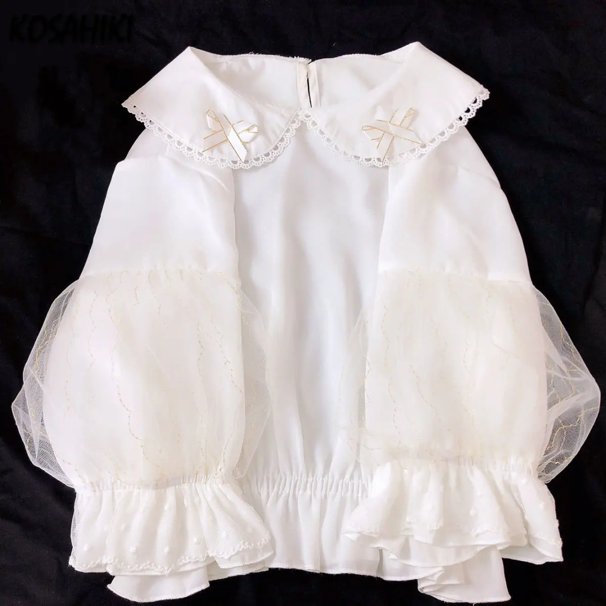 

Lace White Puff Sleeve Shirt Women Lolita Style Chiffon Blouses Japanese Long Sleeve Ruffle Pleated Tops Kawaii Clothes