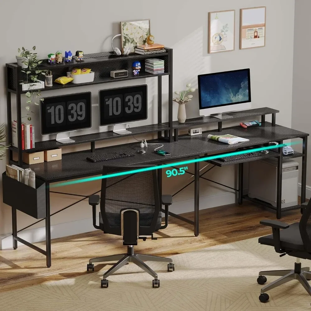 90.5“  L Shaped Computer Desk, with Monitor Stand & Hutch,Keyboard Tray, Home Office Desk with LED Lights & Power Outlets 72 large wing shaped studio desk w keyboard tray monitor stand dual headphone hanger cup holder for live table computer desks