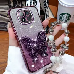 Custodia per telefono con glitter, supporto a farfalla 3D e braccialetto di perline