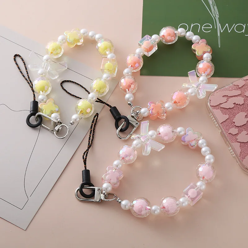 New Bowknot Fresh and Sweet Beaded Mobile Phone Chain Anti loss Case Hanging Rope Bag Key Hanger