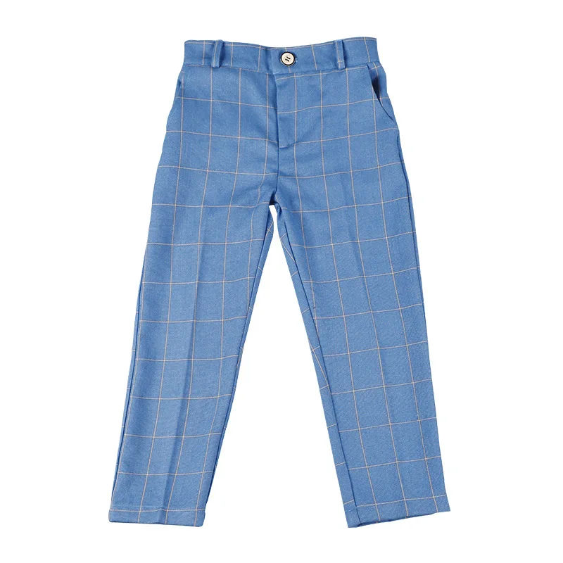 Children Plaid Pants Spring Autumn Boy Performance Long Pants Student Piano Dress Semi Elastic Waist Burgundy Trousers