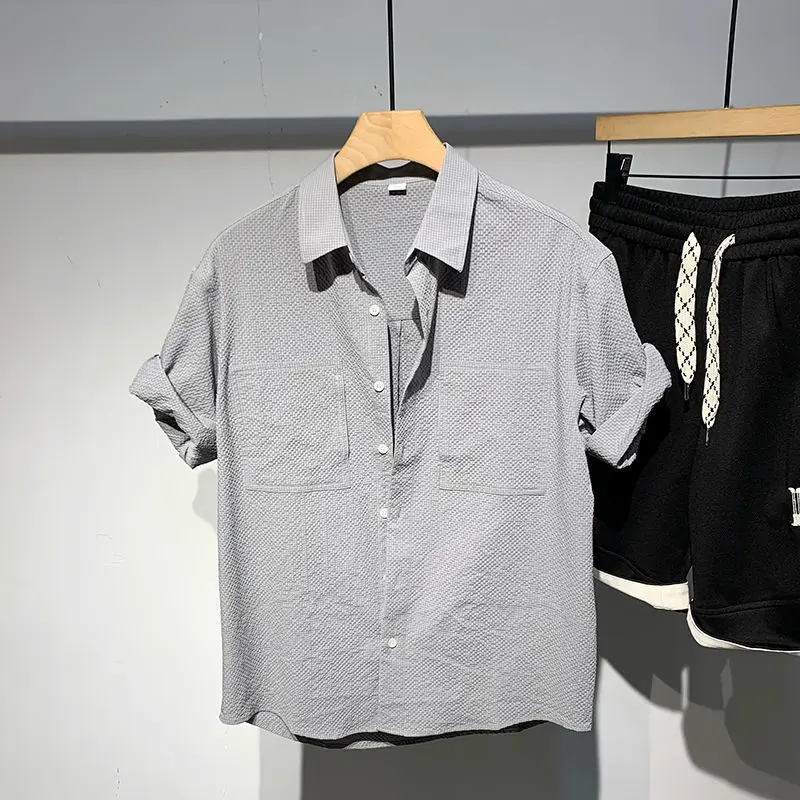 2024 New Summer Trendy Men's High End Versatile Polo Collar Dark Pattern Thin Loose Casual Oversized Curled Short Sleeve Shirt 2023 summer jeans women s blue commuter shorts curled thin high waist slim versatile casual a line wide leg shorts