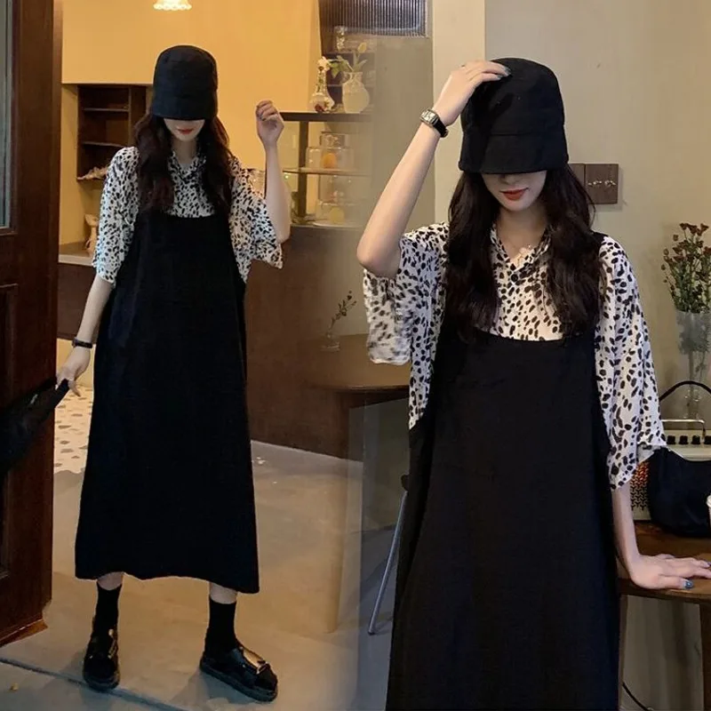 

Spring Summer Black Maternity Clothes Set Fashion Leopard Shirts+Strap Dress Twinset Preppy Style Pregnant Woman Dresses Suits