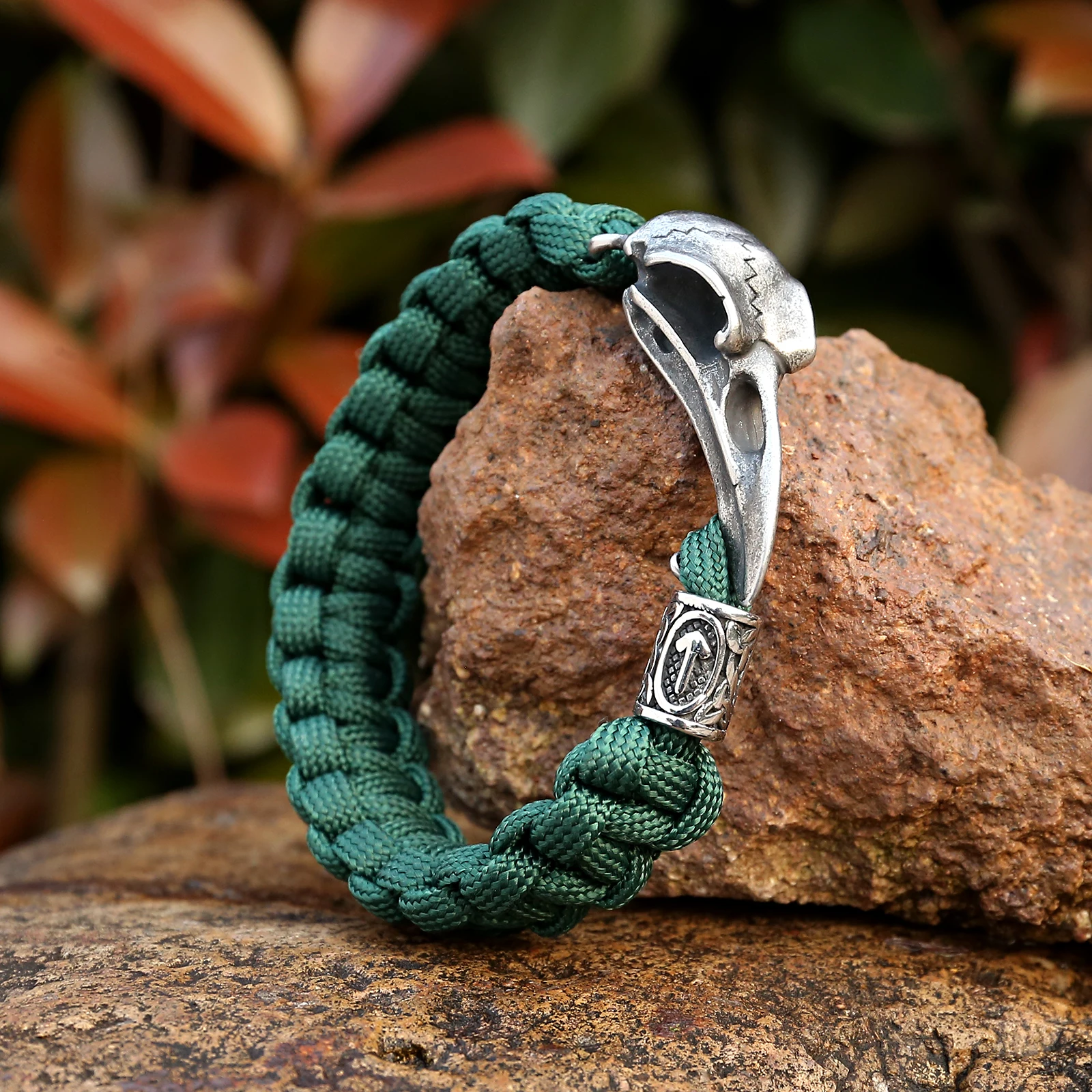 

Handmade Green Paracord With Stainless Steel Raven And Viking Bead Bracelet