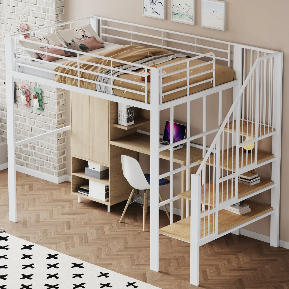 90*200cm/140*200cm Hochbett, stabile Metallkonstruktion mit geräumigem Stauraum unter dem Bett und Treppe, für Kinder und Erwachsene – Detail 26
