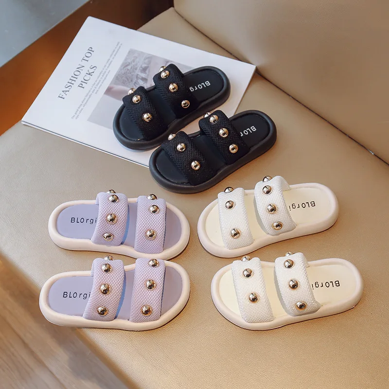 

pantuflas 23 Summer New Girls Cool Slippers Soft Sole Outerwear Sandals Fashion PU Casual Slip on Anti Slip Beach Shoes pantufa