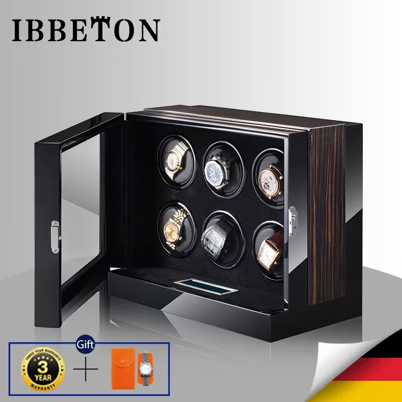IBBETON 스마트 터치스크린 2슬롯 5단 속도 조절 원목 시계 와인더 보석함 (직사각형 디자인, 자동 와인딩)