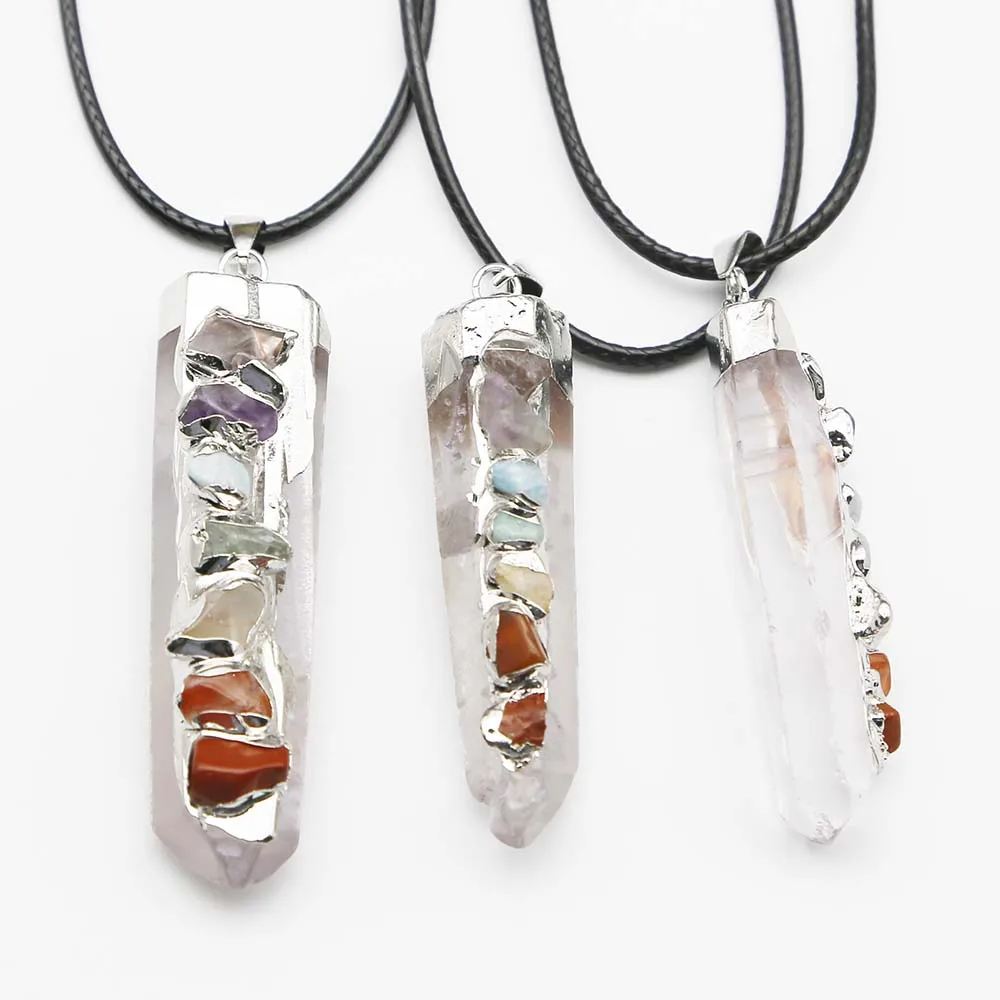 Natural Silver Plated 7 Color White Crystal Pillar Pendant Leather Rope Necklace Fashion Reiki Charms DIY Jewelry Wholesale 4Pcs