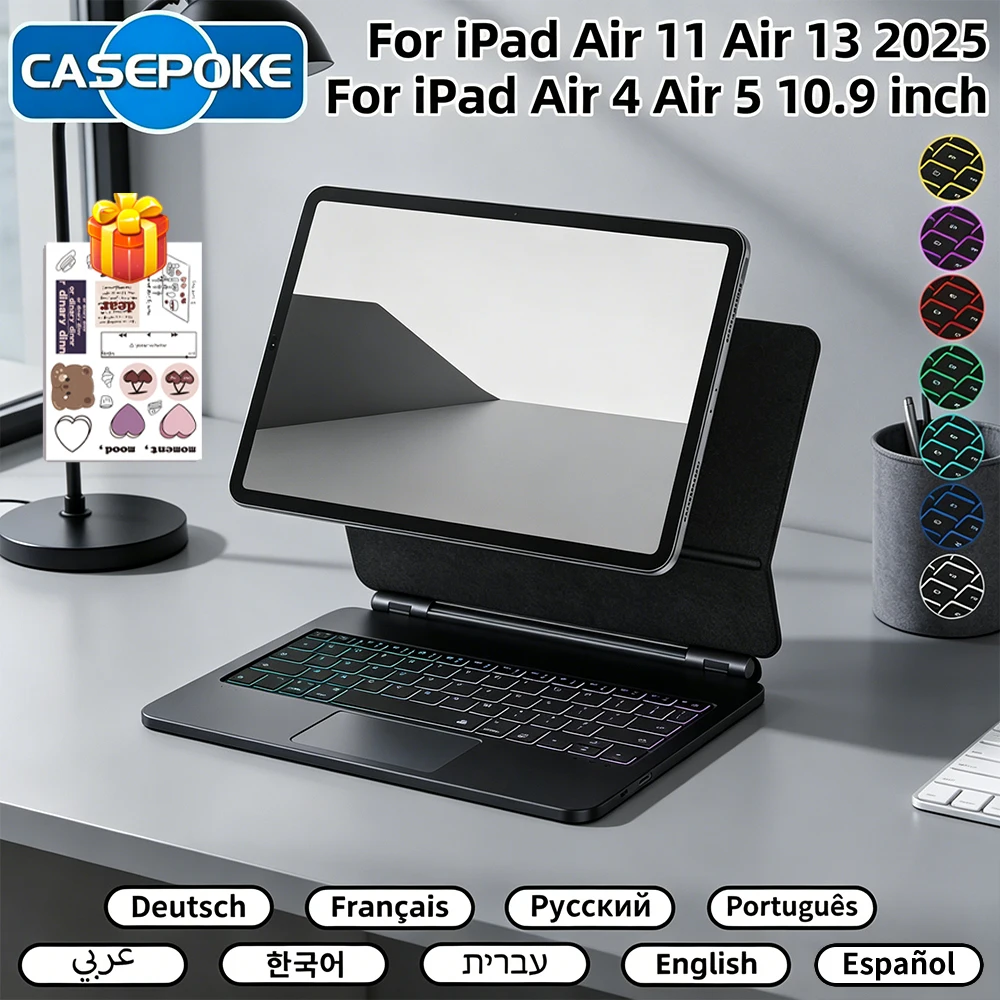 아이패드 프로 11/13 M5 M4 에어 M3 M2 에어 4/5/6 10.9인치 A16 10세대 11세대용 블루투스 매직 키보드 스마트 커버 멀티 터치 백라이트