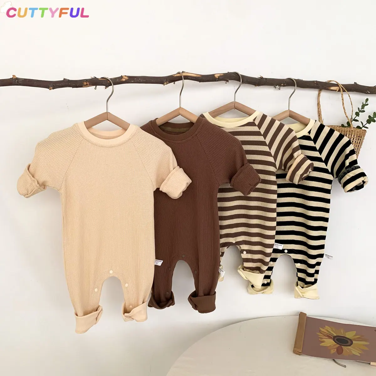 

Cuttyful Fashion Baby Romper Children's Solid Color Long Sleeve Bodysuit Spring Newborn Neutral Stripe Baby Clothes Tracksuit
