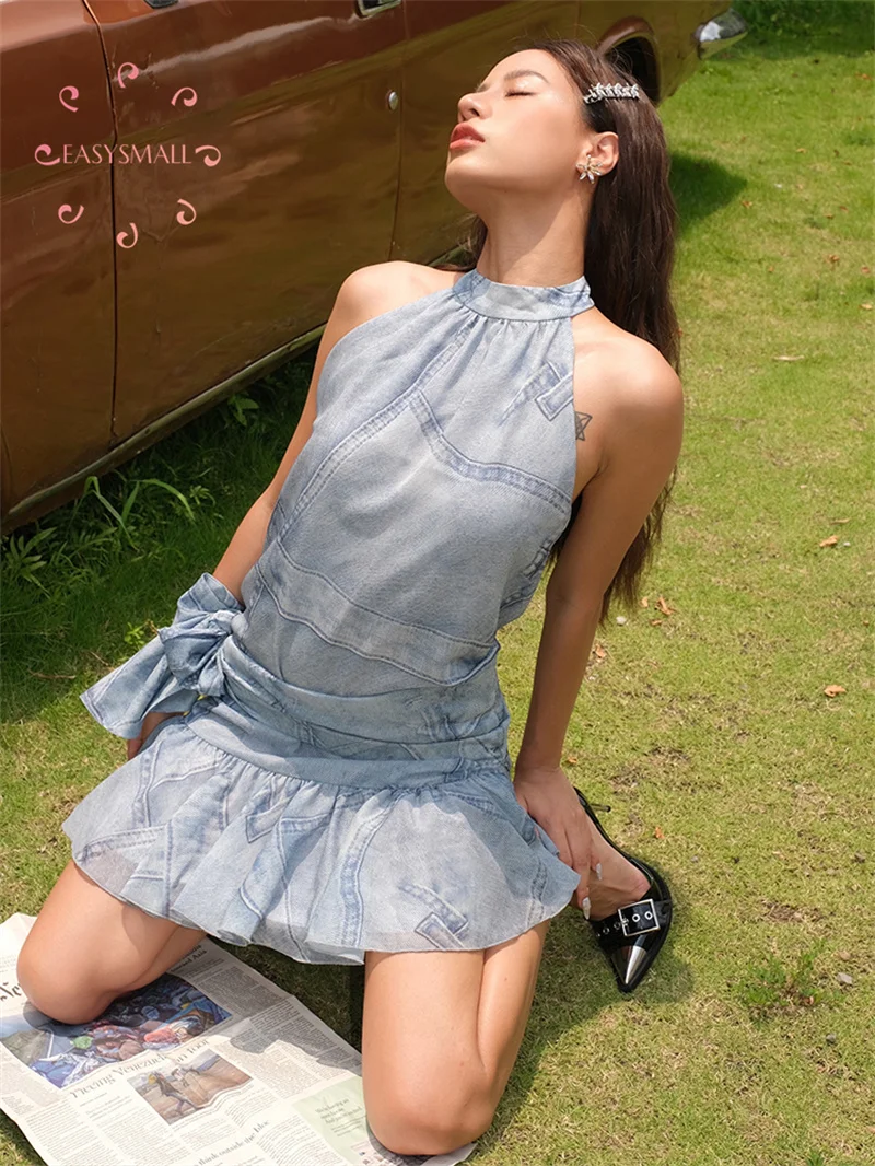 

Easysmall The same Y2K imitation denim hanging neck dress with sexy pleated fish tail blumarine backless spicy girl dress