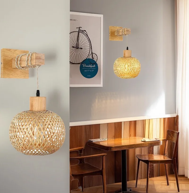 Lámpara de pared con farol de bambú, candelabros E27 de mimbre Natural, pantallas de decoración para habitación de bambú tejidas a mano, accesorios de iluminación de pared