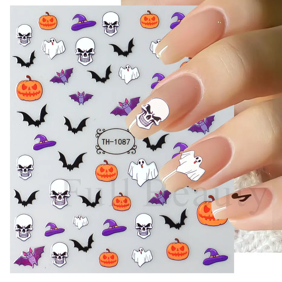 Nail Stickers Nail Stickers Halloween Series Bat Skull Bone Ghost Pumpkin Pattern 3D Self Adhesive Decals For Nails Manicure Decoration LATH nail stickers nail decals nail art decoration