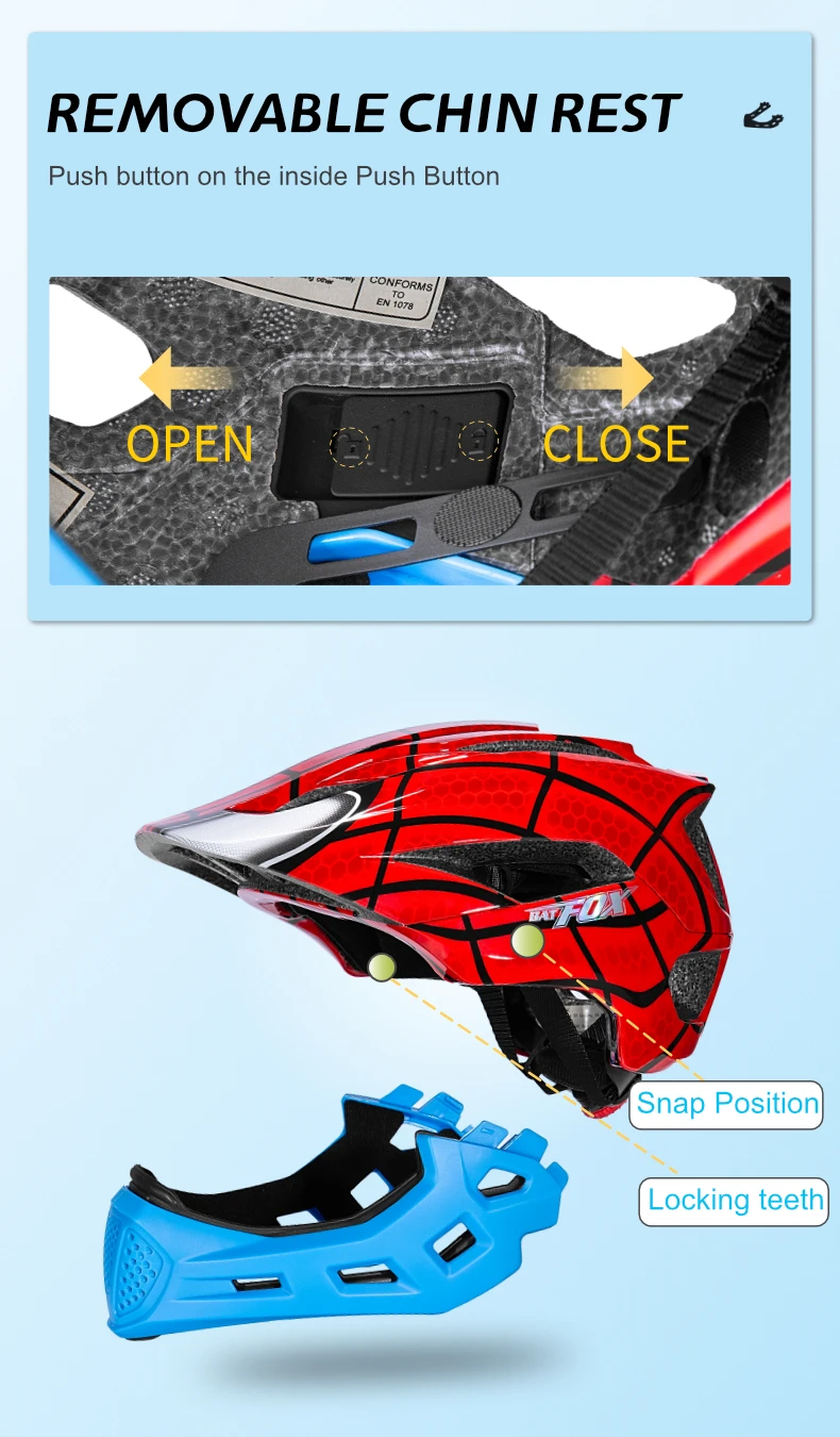 BATFOX Kinder Integral-Fahrradhelm Abnehmbares Kinn Laufrad Skateboard Rollschuhlaufen Sicherheitskappe Kinderfahrrad Fahrradausrüstung – Detail 6