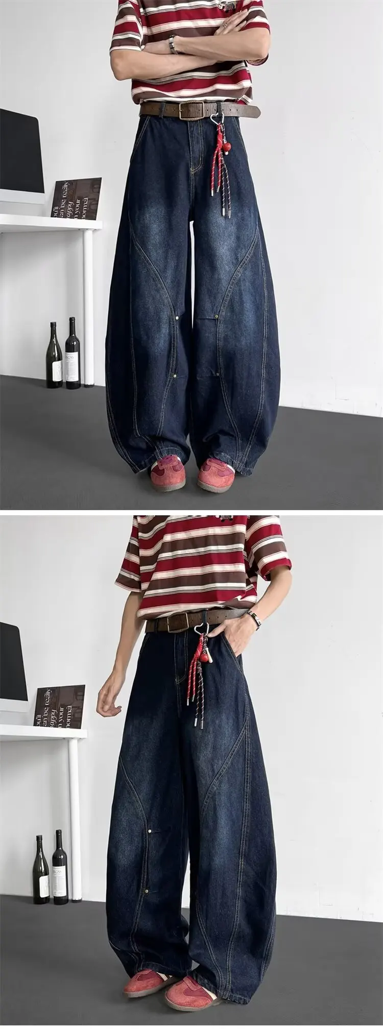 2026 Japanischer Y2K-Stil Nieten-Patchwork Dunkelblaue Baggy New Jeans Hosen für Herren Kleidung Weite Bein Denim-Hosen Pantalon Hombre – Detail 4