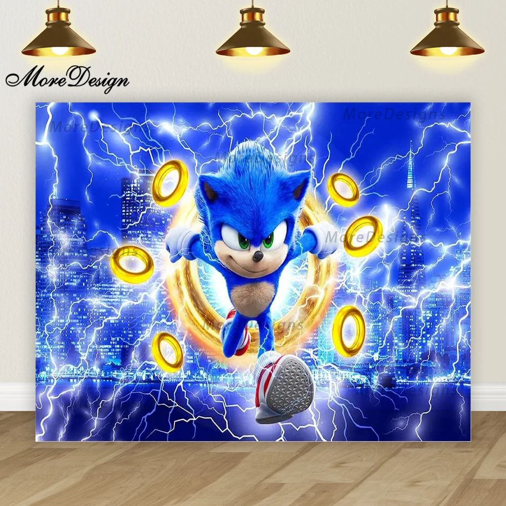 thumbnail image 1 of Fondo de fotografía con iluminación de Sonic Hedgehog, pancarta de cumpleaños para niños, decoración para fiesta de baby shower, fondo de vinilo de poliéster con dibujos animados, 1 of 4