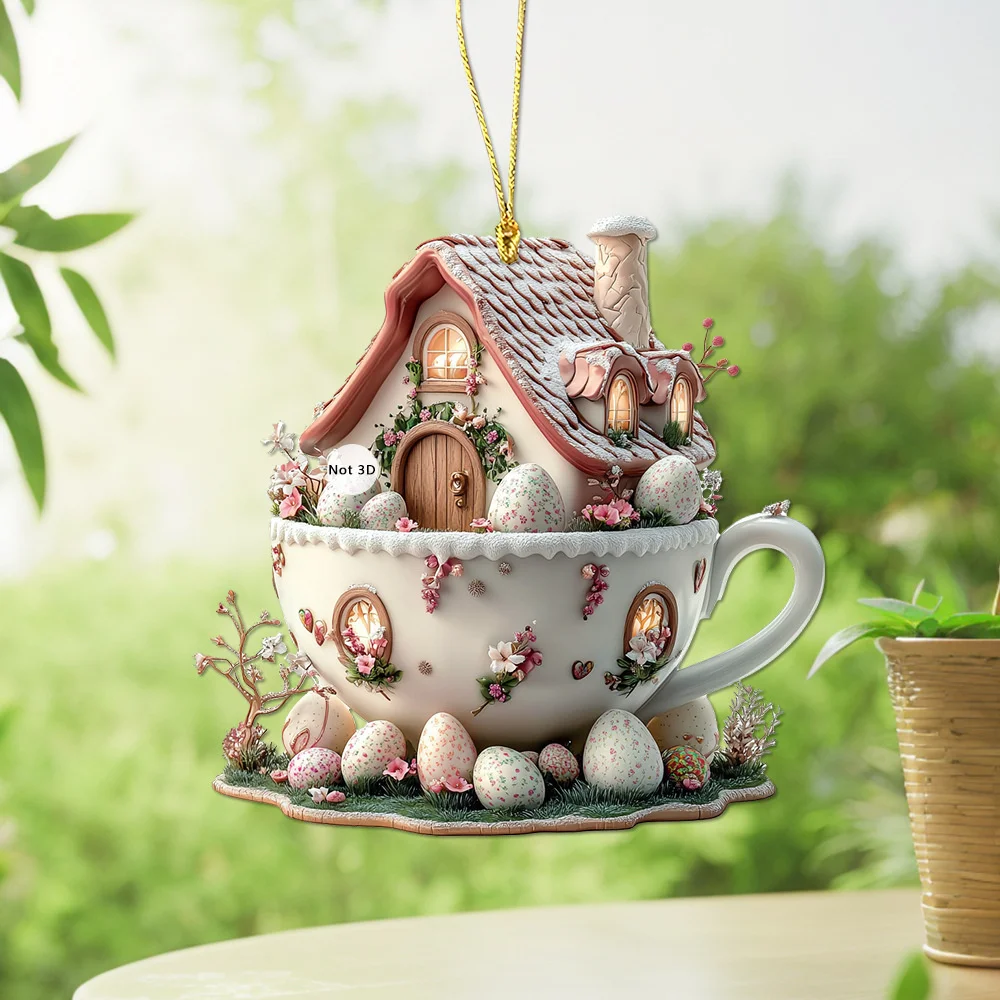 Easter Coffee Cup Ornaments Cartoon Bunny Egg House Coffee Mug Decorative 2D Acrylic Ornaments 2025 Spring Party Supplies NEW 4