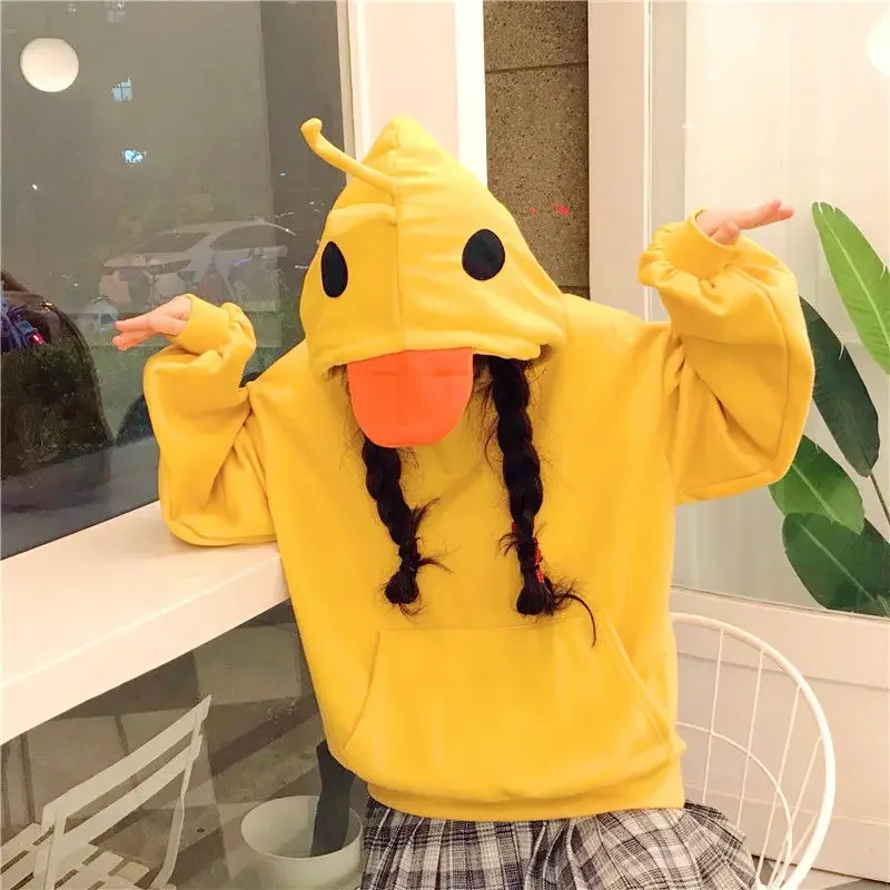 Kawaii Duck Hoodies Women Long Sleeve Cute Tops 2021 New Winter Yellow Casual Pullover Soft Girl Harajuku Hoodie Women Autumn