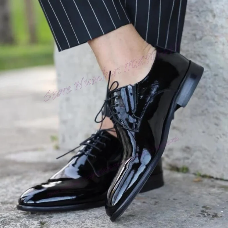 

Black Patent Leather Men's Derby Shoes Cross Tied Chunky Heels Dress Shoes for Men Business Office Shoes Zapatos Para Hombres