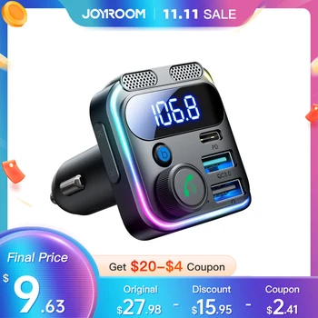 JOYROOM Bluetooth 5.3 FM Transmitter for Car 48W PD&QC3.0 Car Charger Adapter Bluetooth & U Disk,Dual Mics,Hands-Free Calling